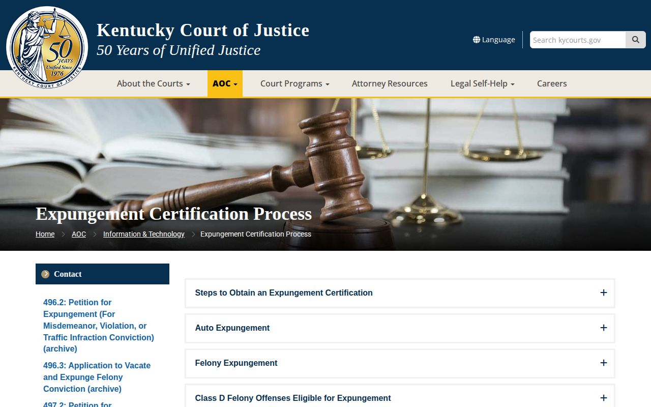 Kentucky Court of Justice expungement information for filing and record searchability